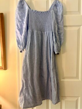 J.CREW Women's Blue Chambray Linen 3/4 Puff Sleeve Off The Shoulder Dress SlitXS